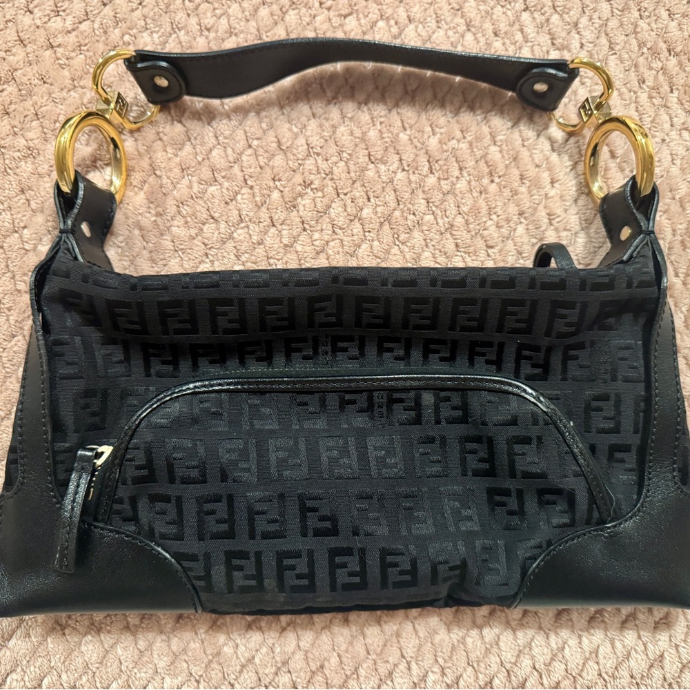 Fendi Black Shoulder Bag with Gold Hardware and Monogram Pattern